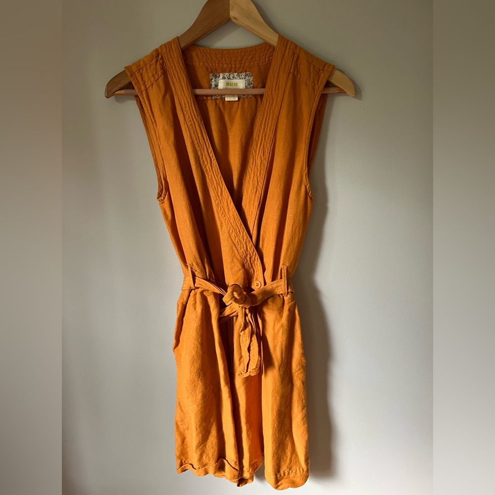 Anthropologie Mustard Linen Blend Wrap Tie Front Romper